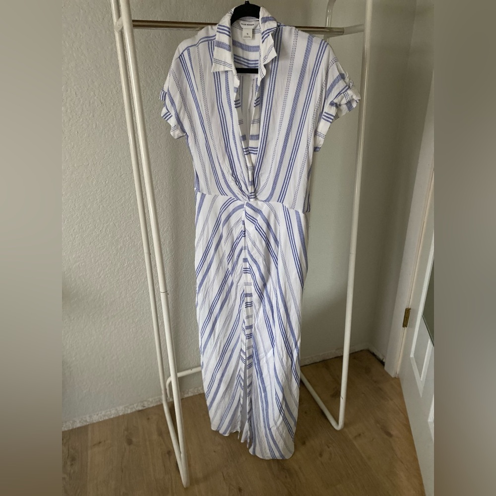 Classic blue and white stripped Club Monaco dress with front slit